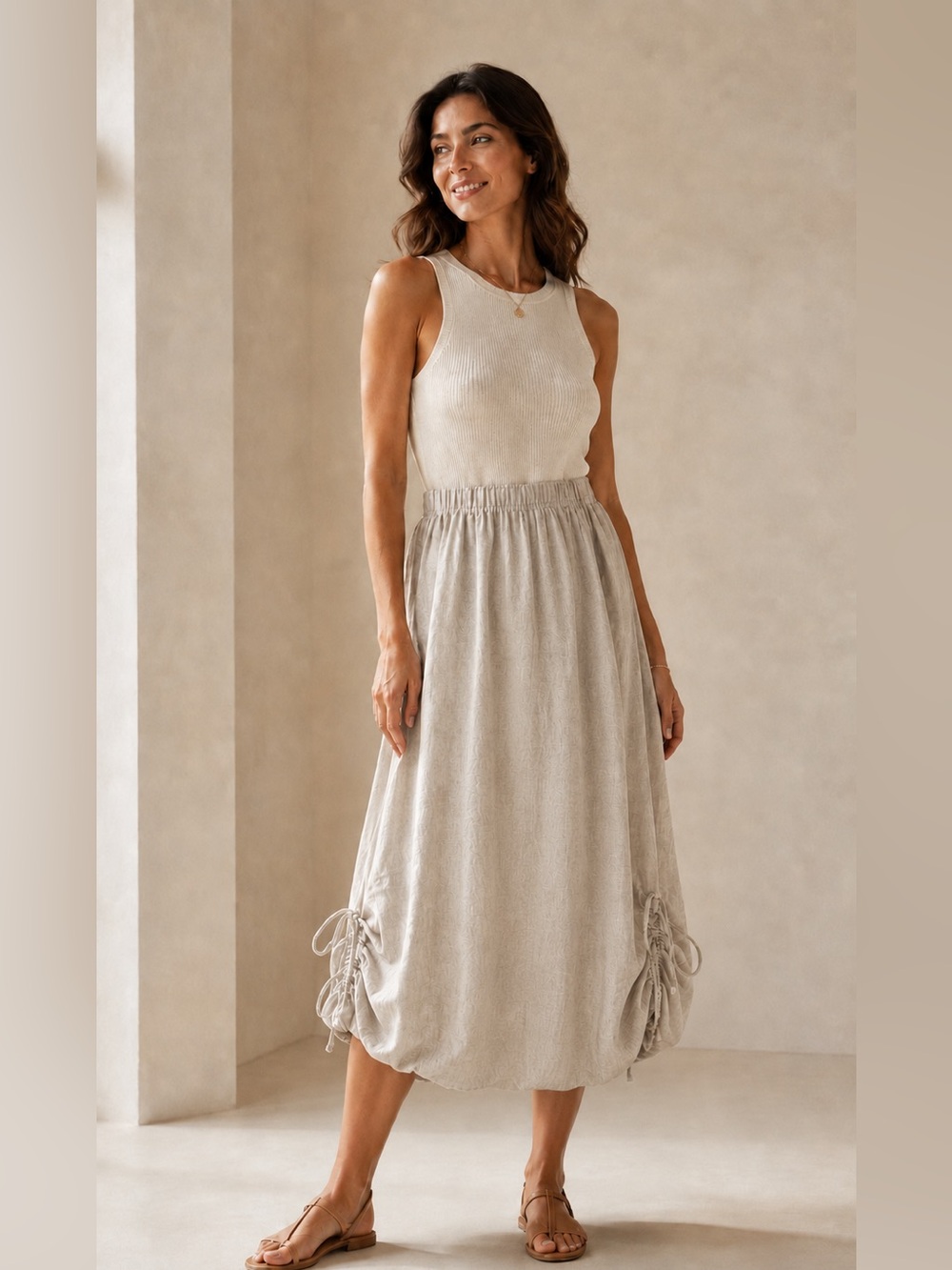 Uchuu Natural Linen Ruched Drawstring Midi Skirt Cottagecore Lagenlook sz large